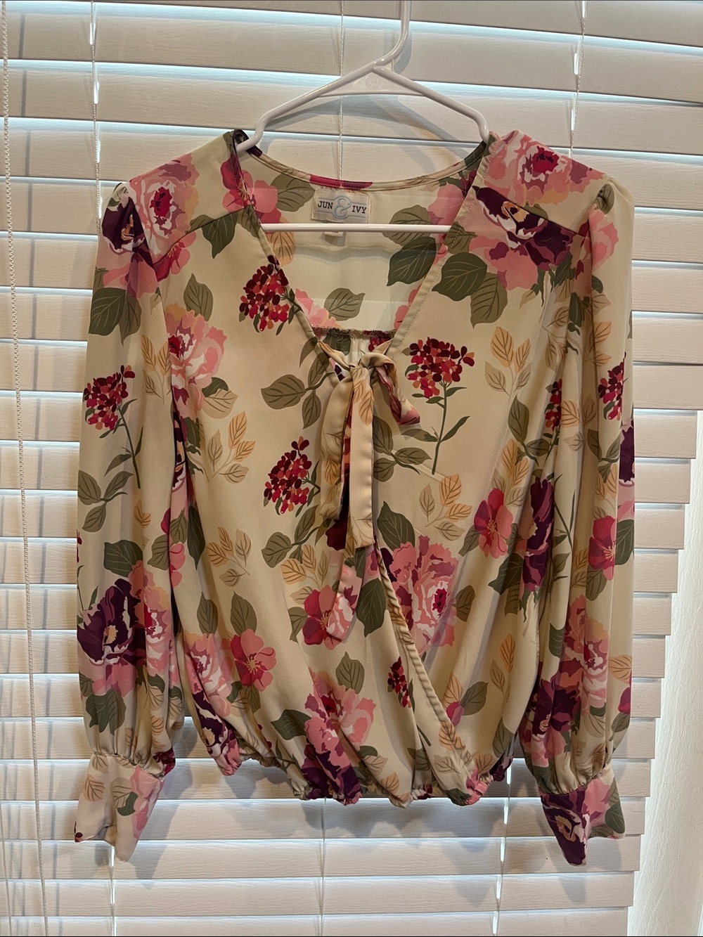 Floral Tie-Front Blouse in Cream and Pink